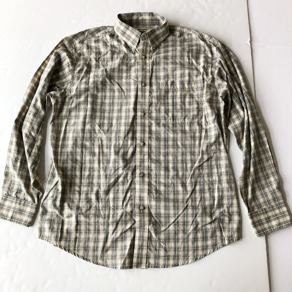 WRANGLER Riata Tan Blue Plaid Button Up Casual Western Shirt Mens Large - Picture 1 of 6